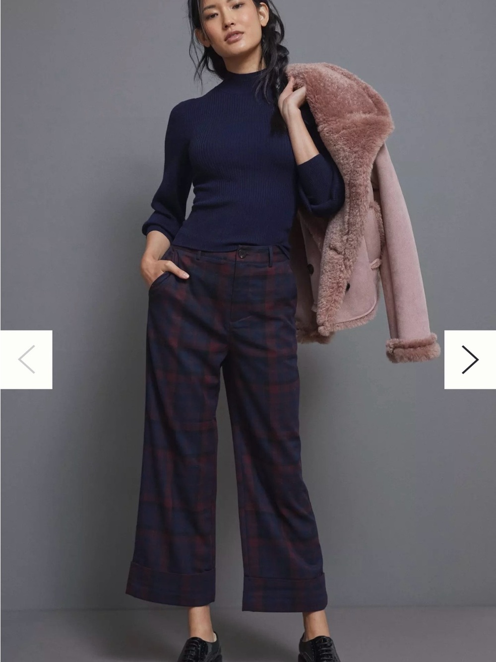 Scotch & Soda Navy and Burgundy Plaid Wide-Leg Crop Pants
